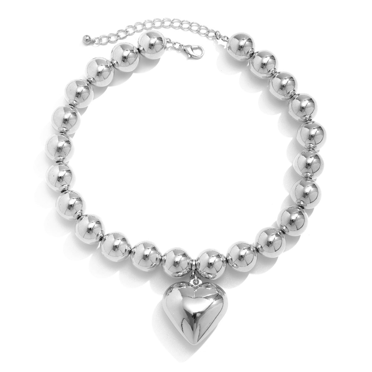 Cyberpunk Style Heart-Shaped Geometric Pendant Necklace with Imitation Pearl Beads Electroplated Multi-Layer Round Bead Chain for Women