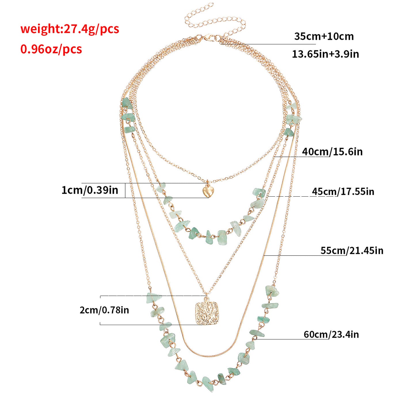 Vintage Multi-Layer Snake Chain Necklace with Mini Heart Pendant, Turquoise Square Inlay, Alloy Construction, Electroplated Finish for Women