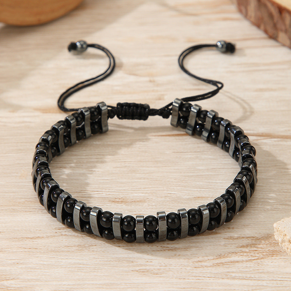 Geometric Handmade Beaded Tiger Eye and Hematite Bracelet with Woven Cord