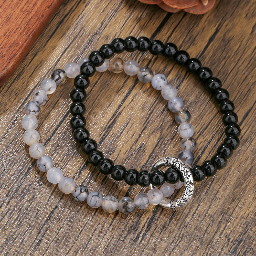 Vintage Chinese Zen Geometric Round Black Agate and Alloy Beaded Bracelet for Men and Women