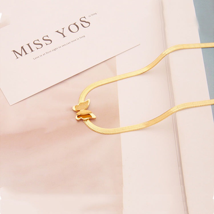 Minimalist 18K Gold Plated Titanium Steel Butterfly Pendant Snake Chain Necklace for Women