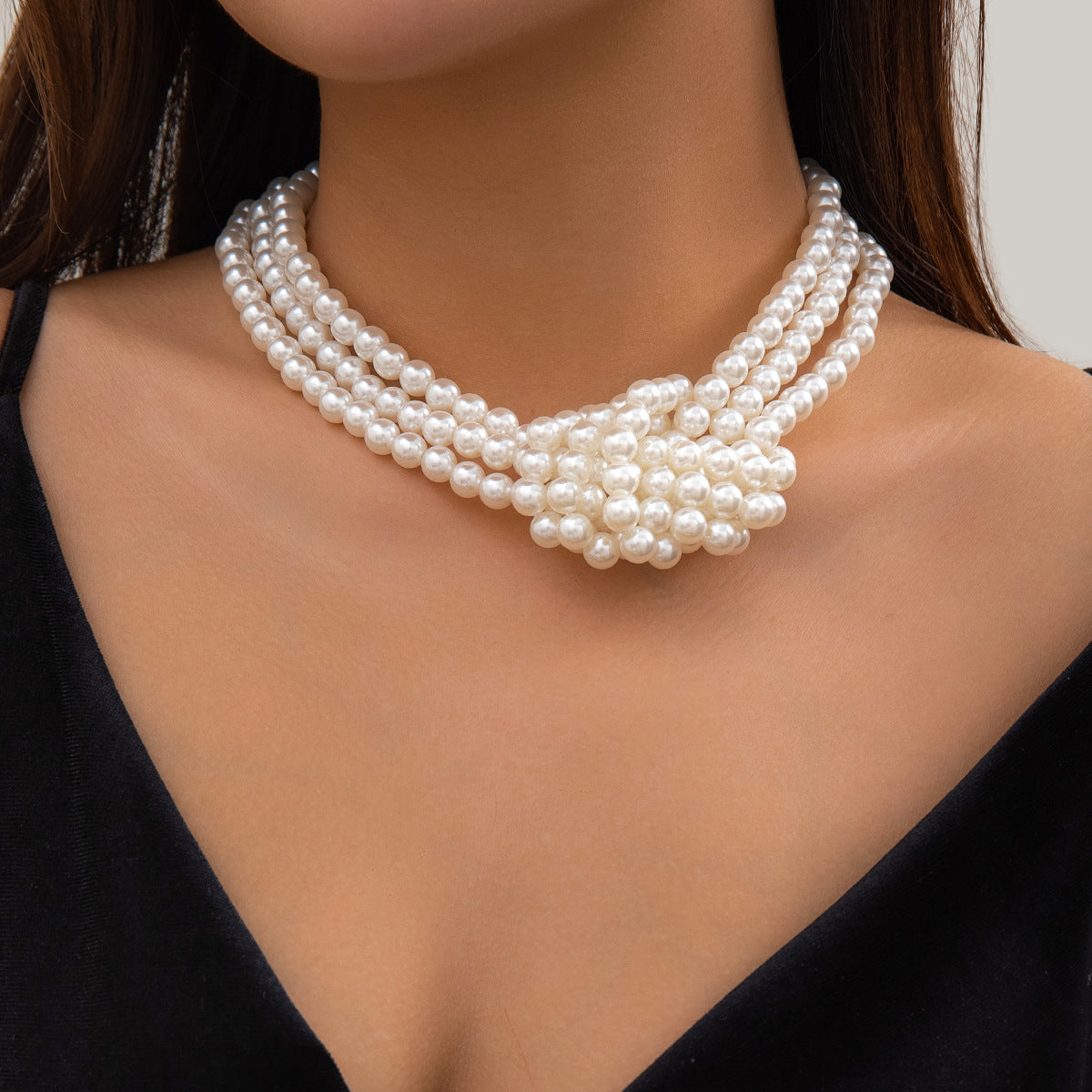 Vintage Style Geometric Knot Multi-Layer Imitation Pearl Necklace for Women with Beaded Ball Chain Choker