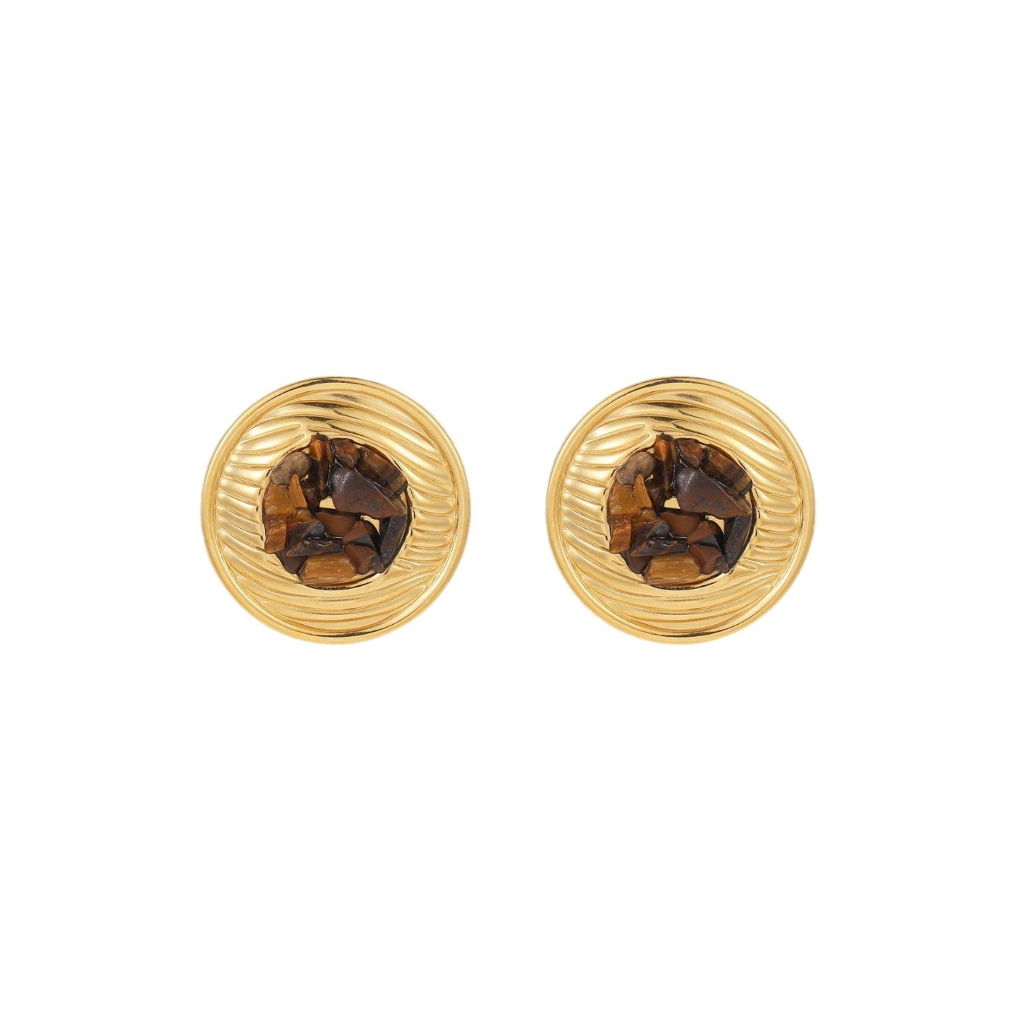 Pendientes de botón minimalistas redondos de acero inoxidable con incrustaciones de piedra natural y acabado chapado