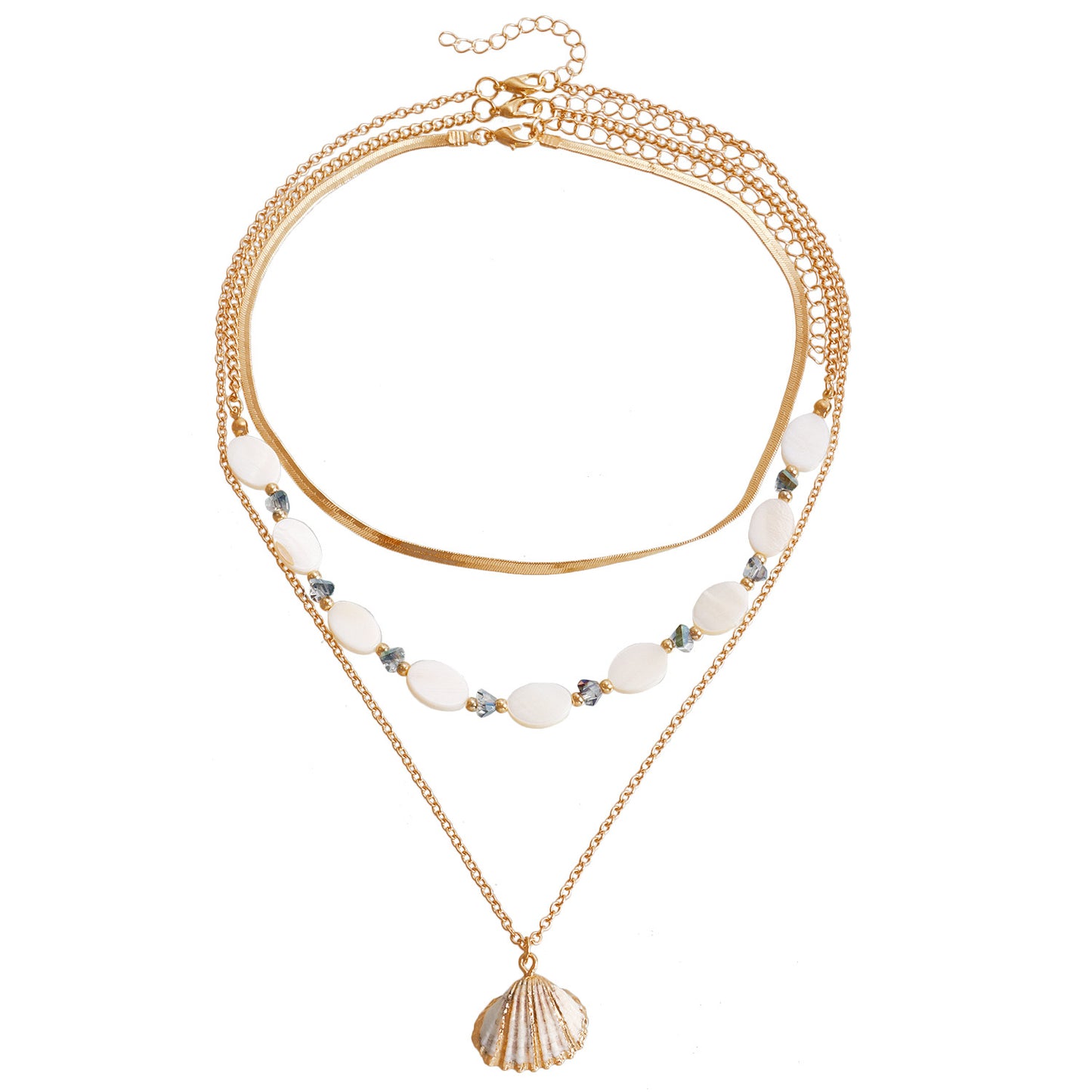 Vintage Ocean-Inspired Multi-Layer Clavicle Necklace with Oval Mother-of-Pearl Beads and Geometric Shell Pendant in Plated Finish