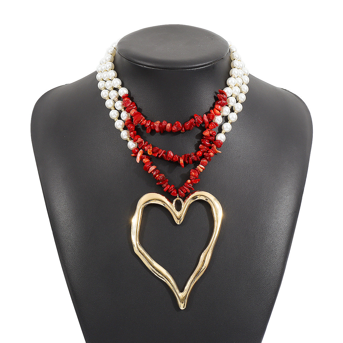 Bohemian Multi-Layer Heart-Shaped Alloy Necklace with Simulated Pearl and Turquoise Accents for Women