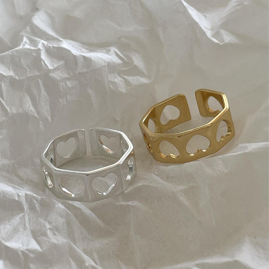 Anillo geométrico minimalista de plata de ley 925 con corazón hueco para mujer