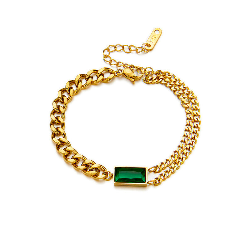 Minimalist Fashionable Gold-Plated Titanium Steel Snake Chain Necklace Set with Rhinestone Rectangle Green Accents for Women