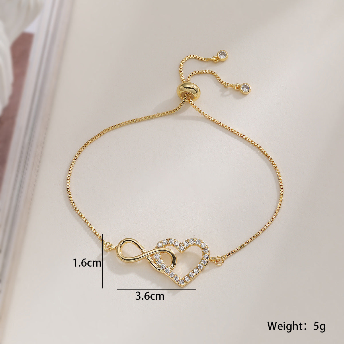Minimalist Luxury Heart Geometric Brass Plated Bracelet with Cubic Zirconia for Women