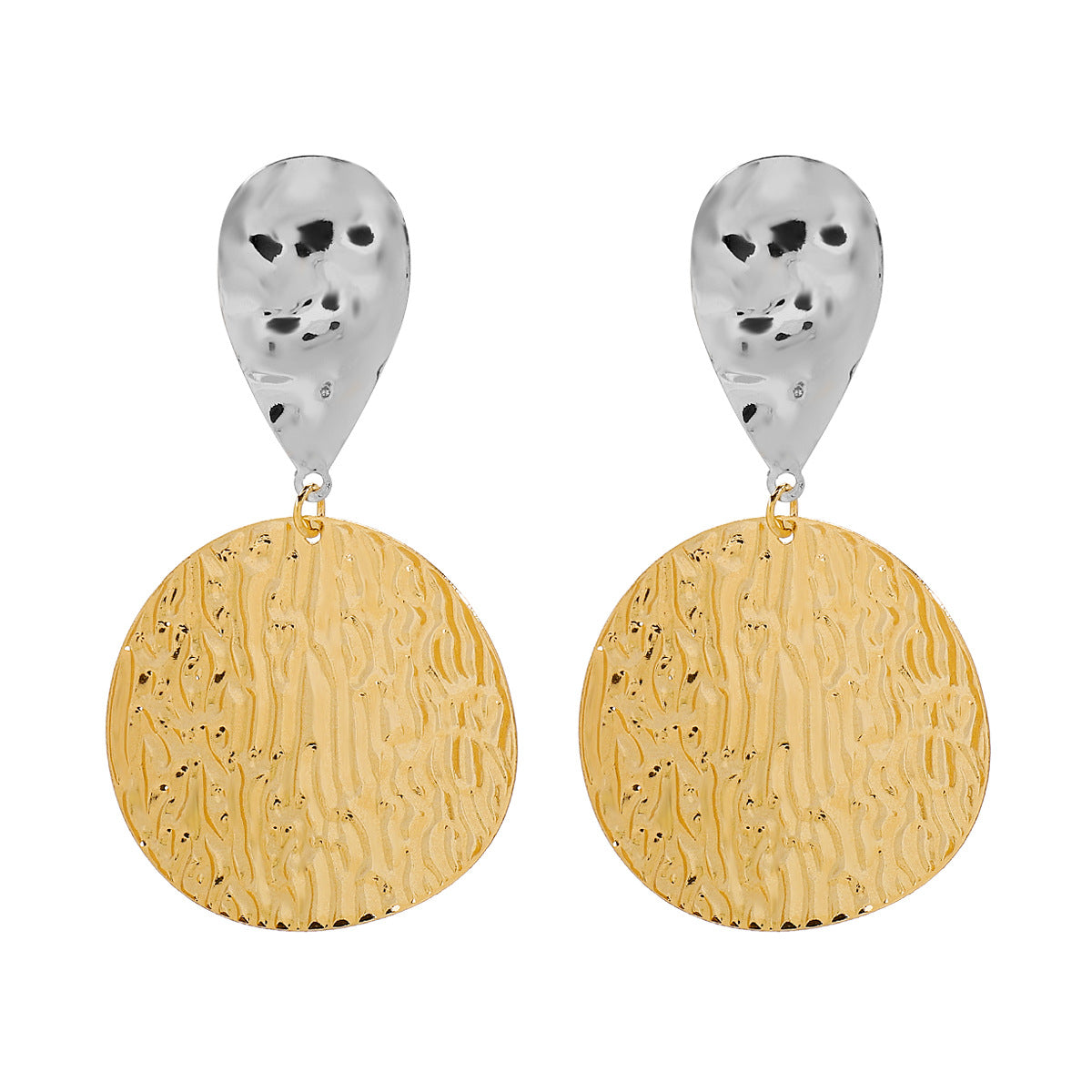 Aretes minimalistas geométricos de aleación de dos tonos para mujer con acabado galvanizado y superficie texturizada