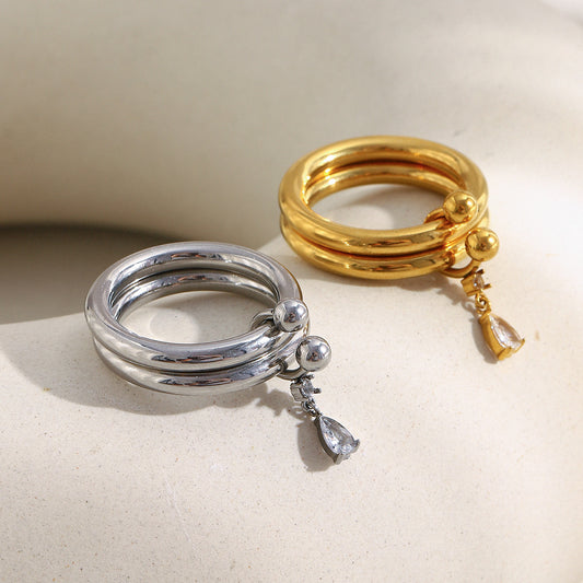 Minimalist Geometric Stainless Steel Ring with 18K Gold Plating and Marquise-Shaped Cubic Zirconia