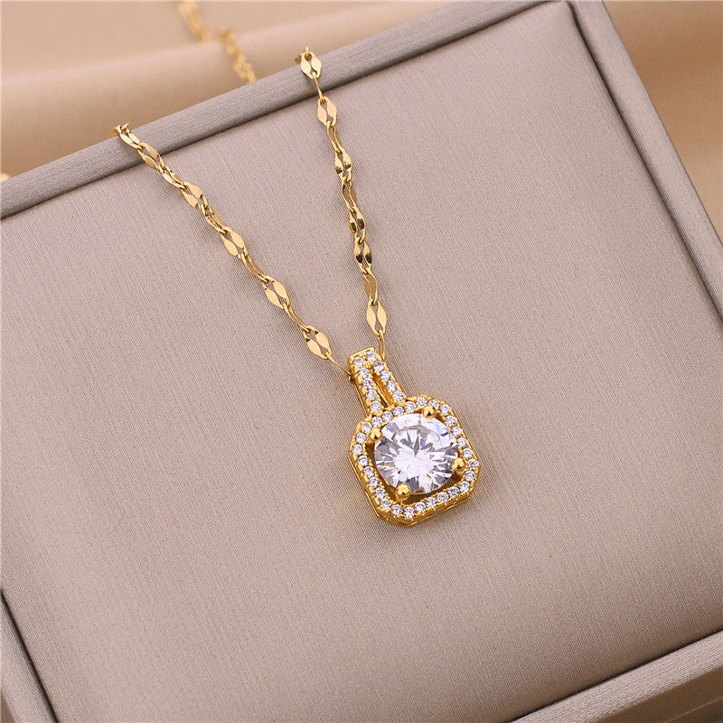 Fashion Square Pendant Necklace in Titanium Steel with Rhinestone Inlay and Gold Plating for Women