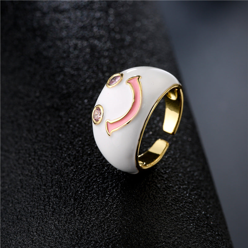Cute Smiley Face Geometric Drip Oil Brass Ring for Women Adjustable Open Design