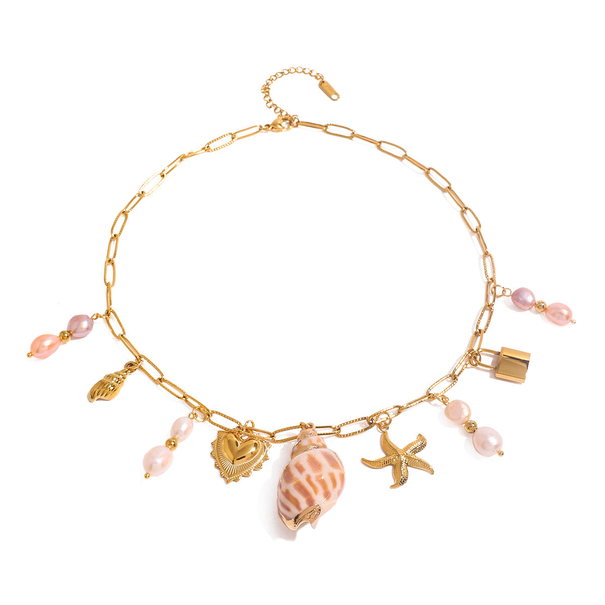 Sweet and Fresh Heart-Shaped Stainless Steel Pendant Necklace with Mother-of-Pearl Inlay, Seashell and Starfish Motifs, Adjustable Length