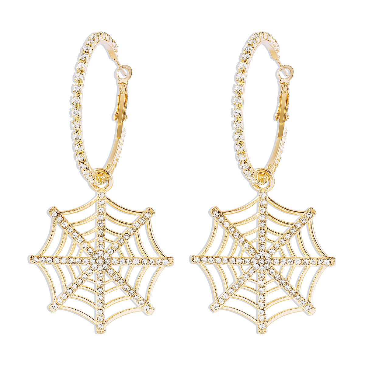 Sweet and Edgy Geometric Spiderweb Pendant Hoop Earrings in Alloy with Rhinestone Inlay and Plated Finish