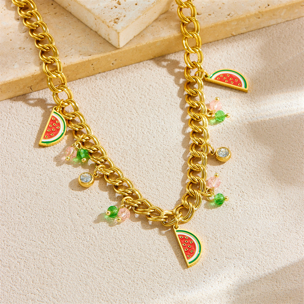 Collana da donna con ciondolo in smalto a forma di anguria e catena in acciaio inossidabile