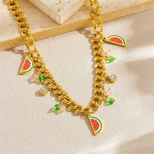 Collana da donna con ciondolo in smalto a forma di anguria e catena in acciaio inossidabile