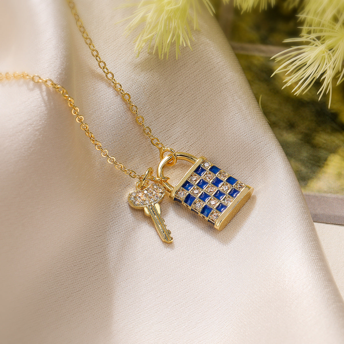 Minimalist Geometric Chessboard Pattern Enamel Key Lock Pendant Necklace for Women in Brass with 18K Gold Plating and Zircon
