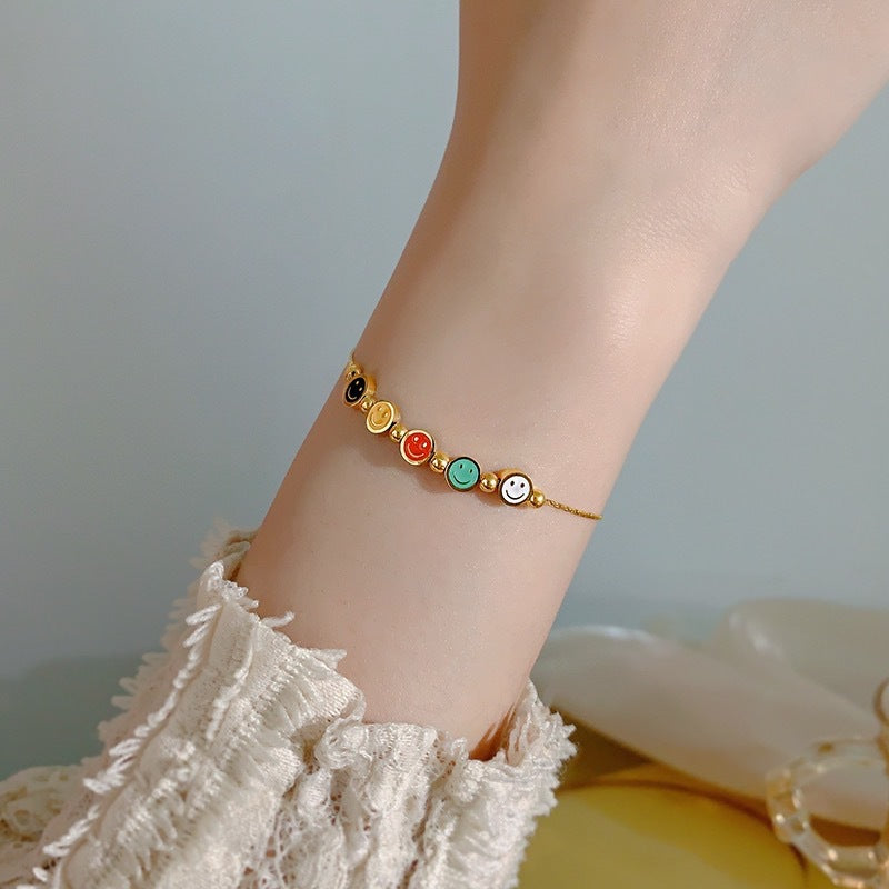 Colorful Smiley Face Titanium Steel Anklet for Women with 18K Gold Beads, Snake Chain Design, Hypoallergenic Plated Finish