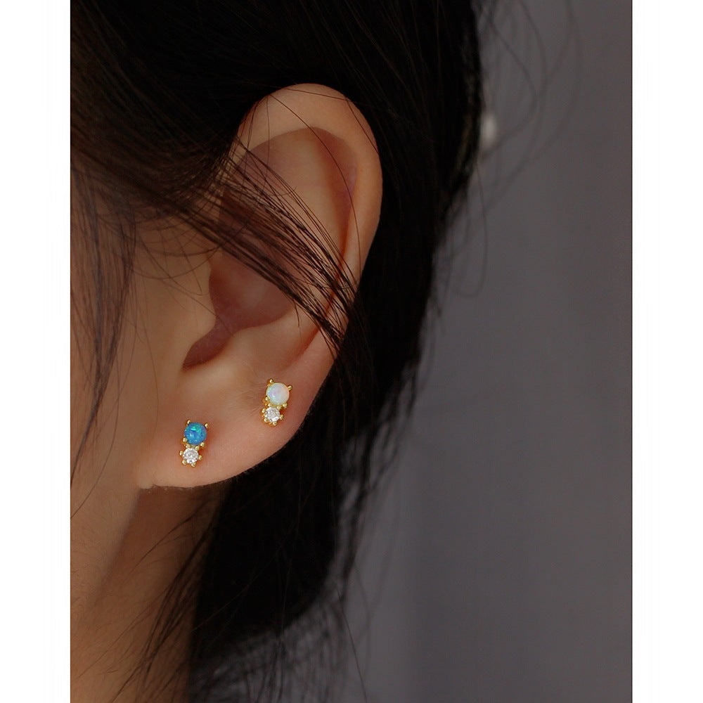 Orecchini da donna minimalisti geometrici dolci in argento sterling 925 con opale intarsiato e strass