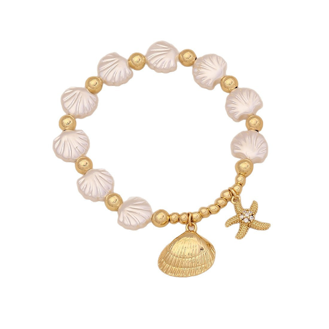 Braccialetto Artigianale Originale in Rame e Plastica con Perline Imitazione Perla, Stella Marina, Conchiglia, Tartaruga Placcato Oro 18K Gioielli da Donna
