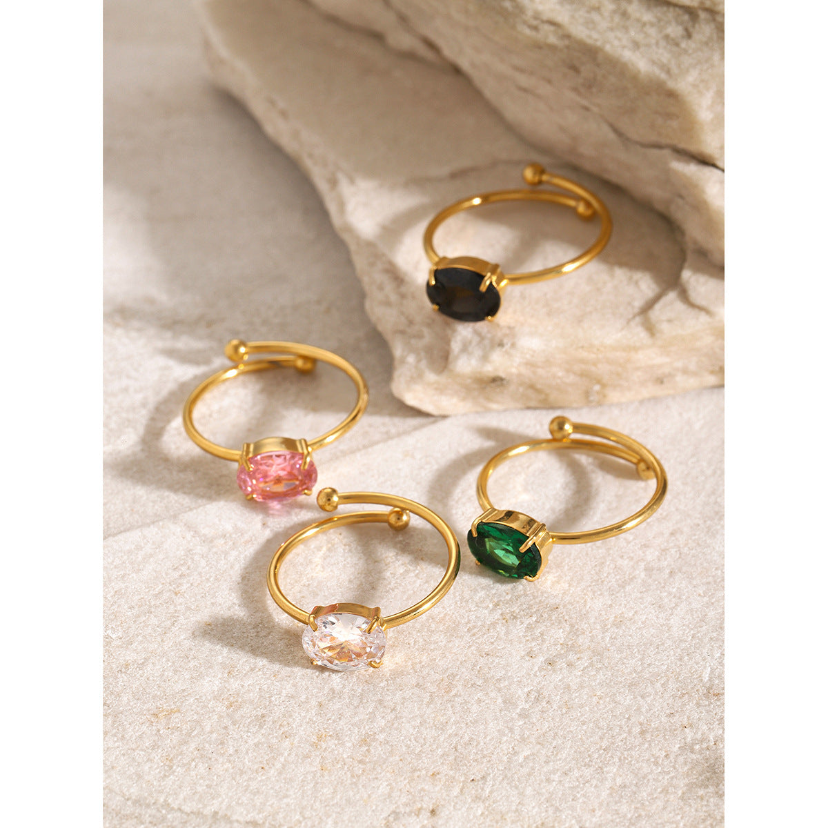 Ins Style Cute 18K Gold Plated Stainless Steel Ring with Pink Zircon Geometric Adjustable Design for Women