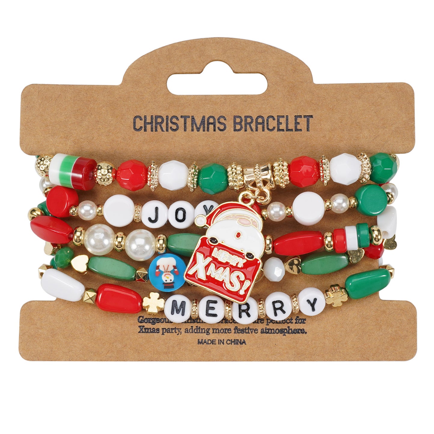 Unisex Natural Stone Beaded Bracelet with Snowman Christmas Tree Santa Reindeer Charms Floral Pattern Holiday Gift