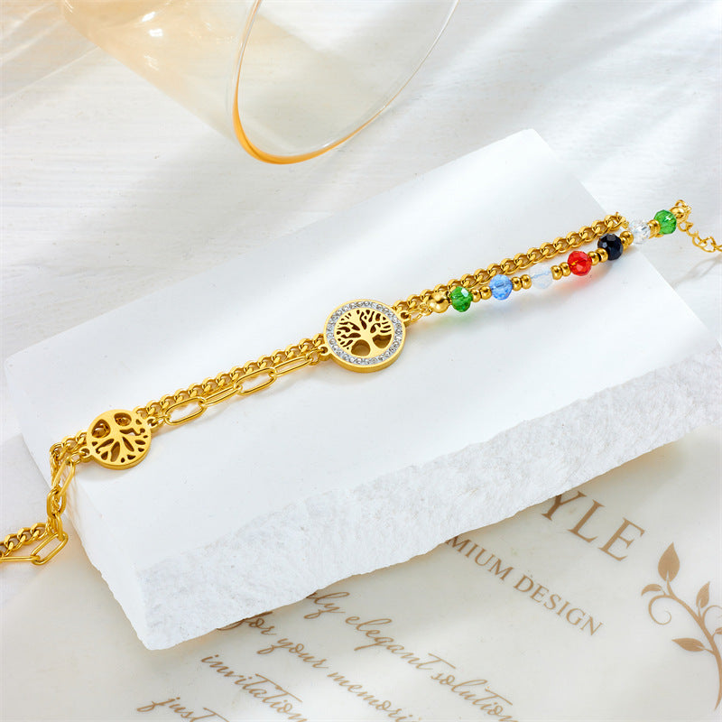 Fashionable Vintage-Style Irregular Round Tree of Life Double-Layer Bracelet in Stainless Steel with Plated Finish