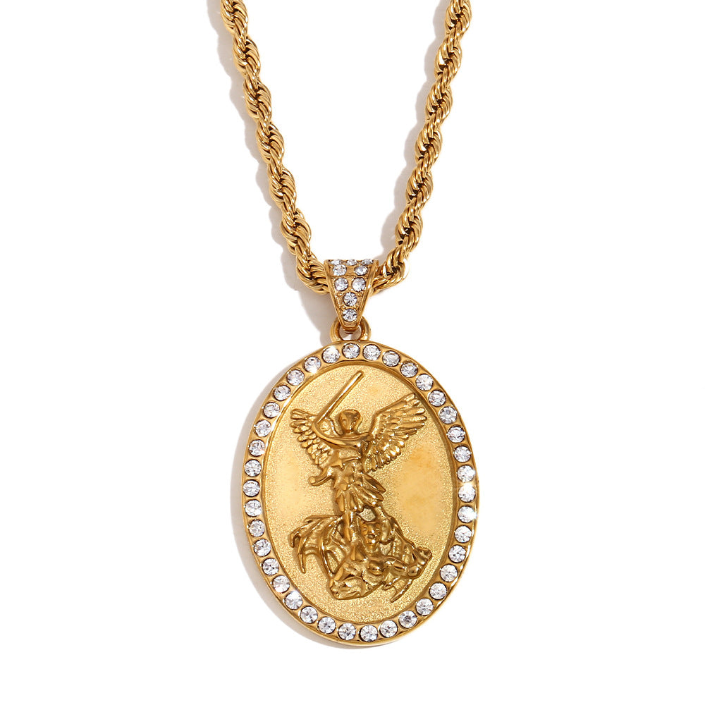 Geometric Angel Pendant Necklace for Men in Stainless Steel with 18K Gold Plating on Twisted Chain