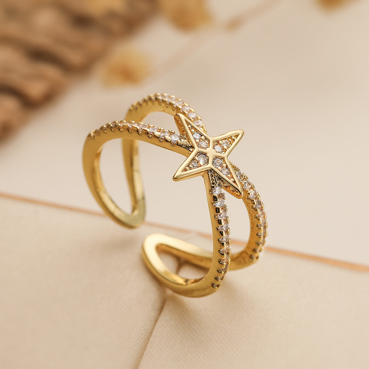 Minimalist Geometric Irregular Open Ring for Women in Copper with 18K Gold Plating and Zircon Inlay