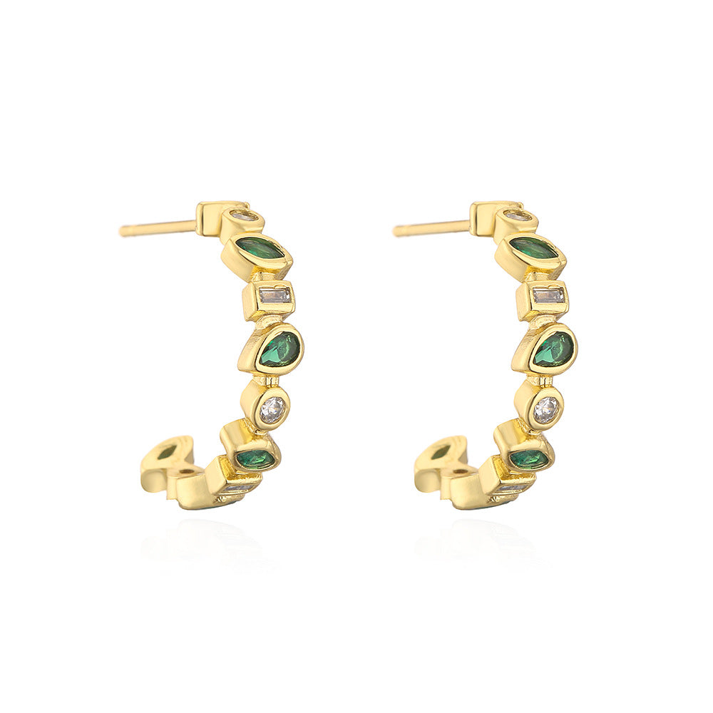 Geometric Earrings for Women in Copper with 18K Gold Plating and Green Zirconia, Fashion-Forward Minimalist Design