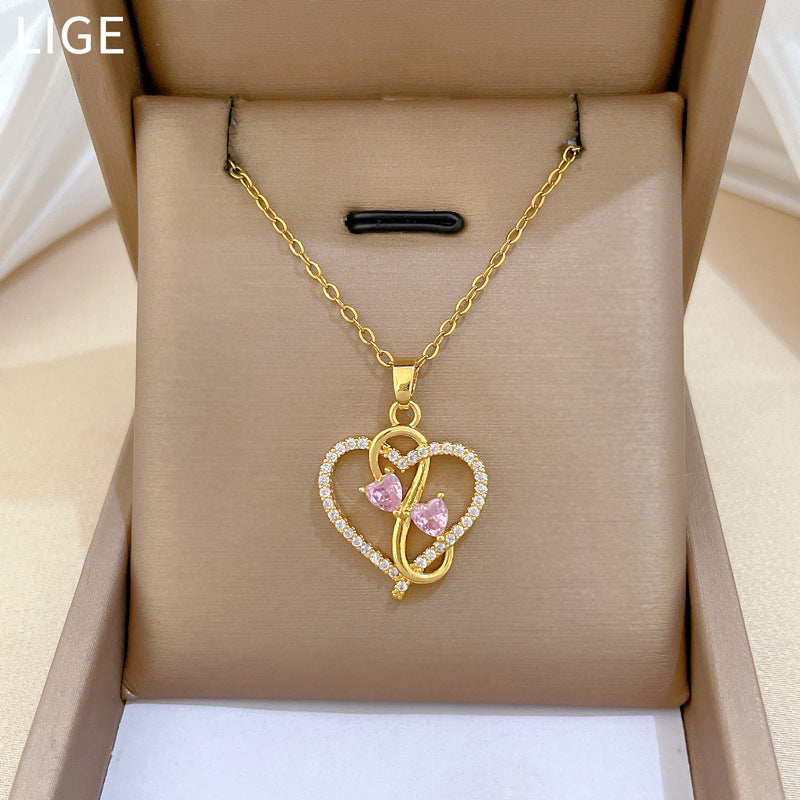 Sweet Minimalist Heart Geometric Rhinestone Pendant Titanium Steel Necklace for Unisex