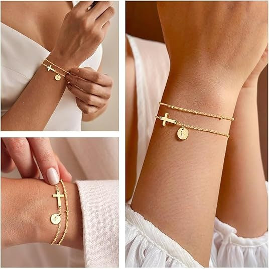 Minimalist Sweet Stainless Steel Plated Cross Letter Charm Bracelet for Women