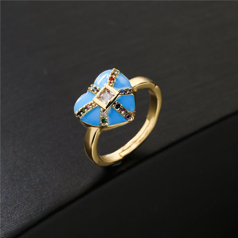 18K Gold Plated Brass Micro-inlay Cubic Zirconia Drip Oil Heart Ring for Women