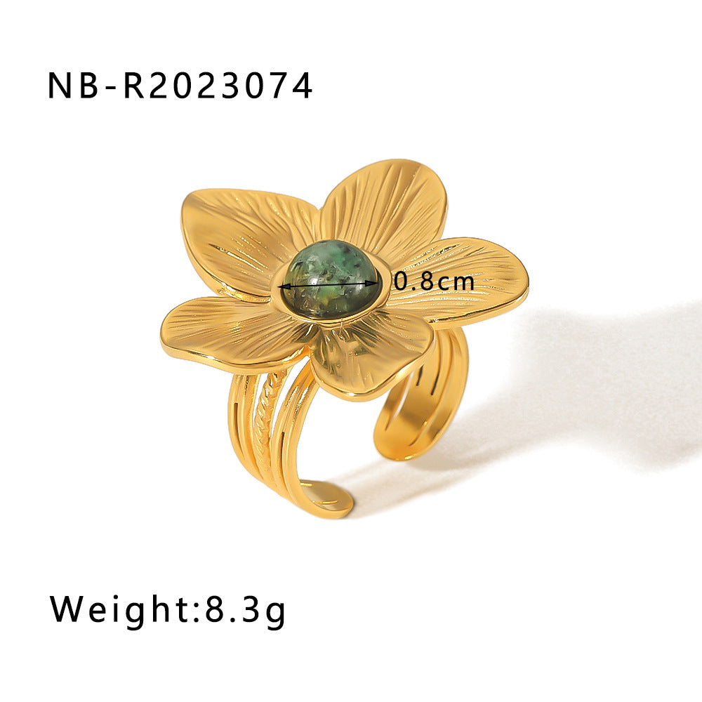 Floral Butterfly Shaped Stainless Steel Ring with 18K Gold Plating and Turquoise Inlay for Women