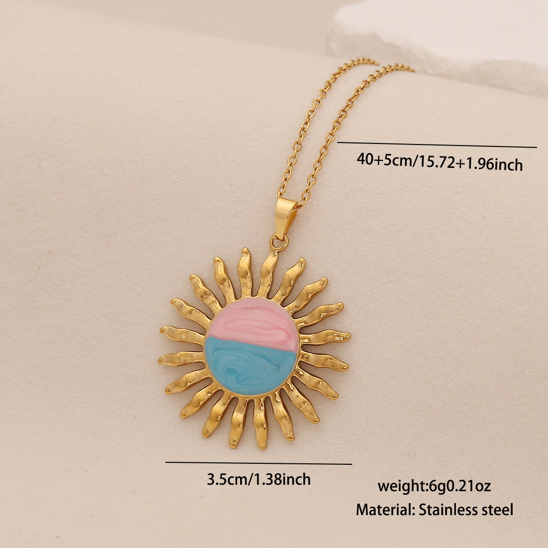 Collar con colgante de girasol floral de primavera en colores pastel de acero inoxidable con motivos de trigo y estrella-luna