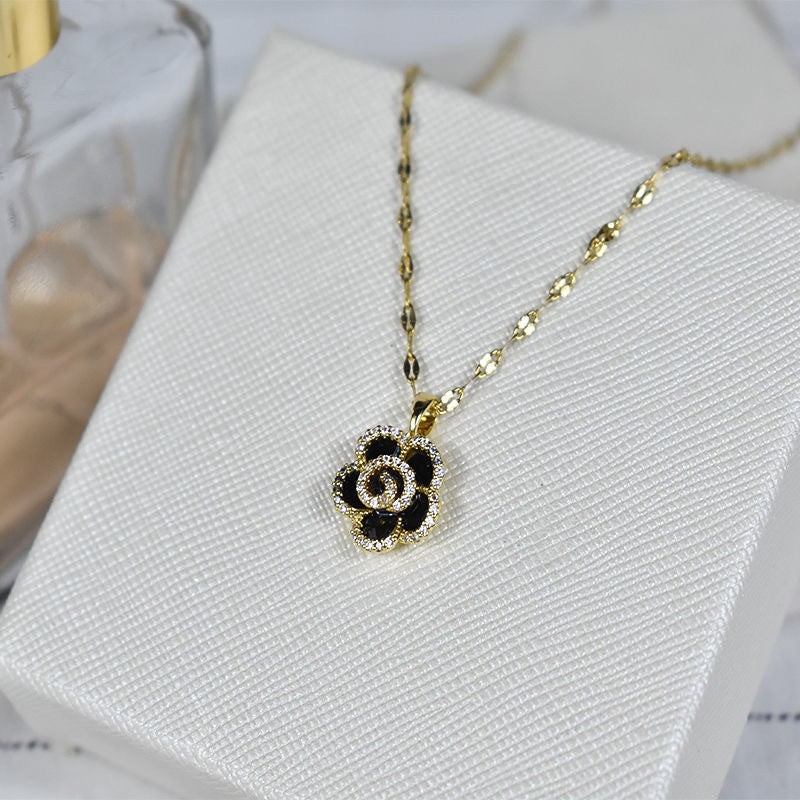 Elegant Camellia-Shaped Pendant Necklace in Titanium Steel with Gold Plating and Zircon Accents for Women