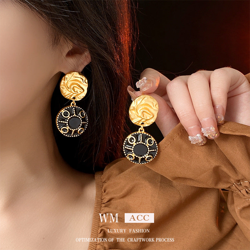 Pendientes redondos geométricos vintage de aleación con acabado esmaltado para mujer