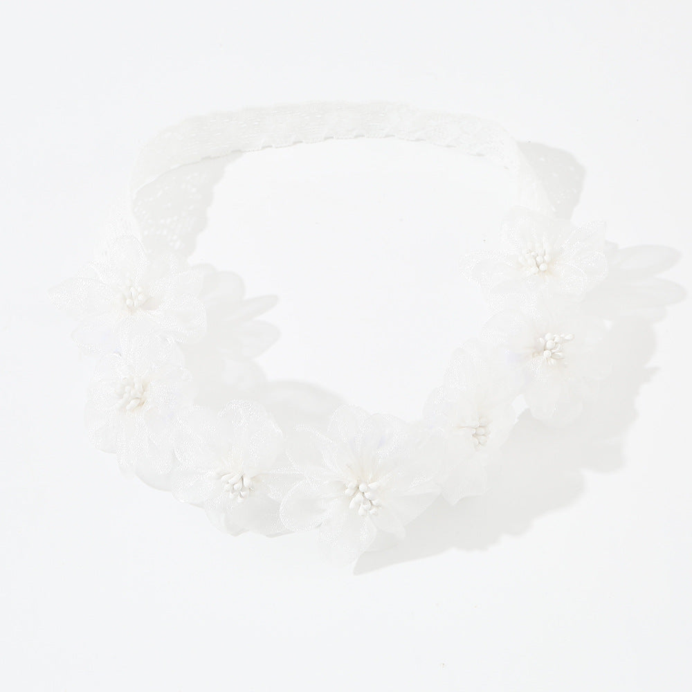 Cute Floral Hairband for Kids Made of Fabric with White Lace and Flower Embellishment