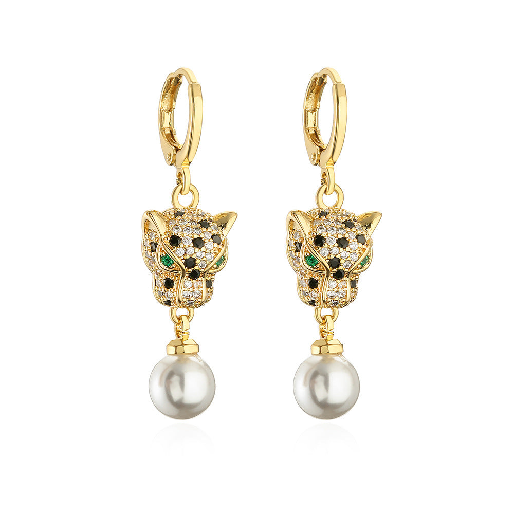 Fashionable Leopard-Shaped Geometric Earrings for Women in Copper with Real Gold Plating and Zircon and Pearl Accents