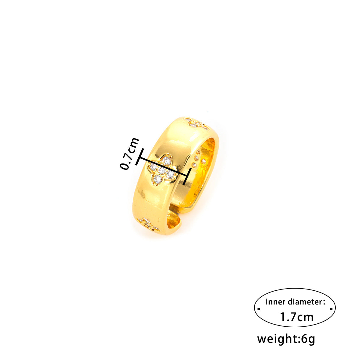 Luxury Minimalist Four-Leaf Clover Shaped Solid Copper Ring with Rhinestone Inlay and Gold Plating for Women