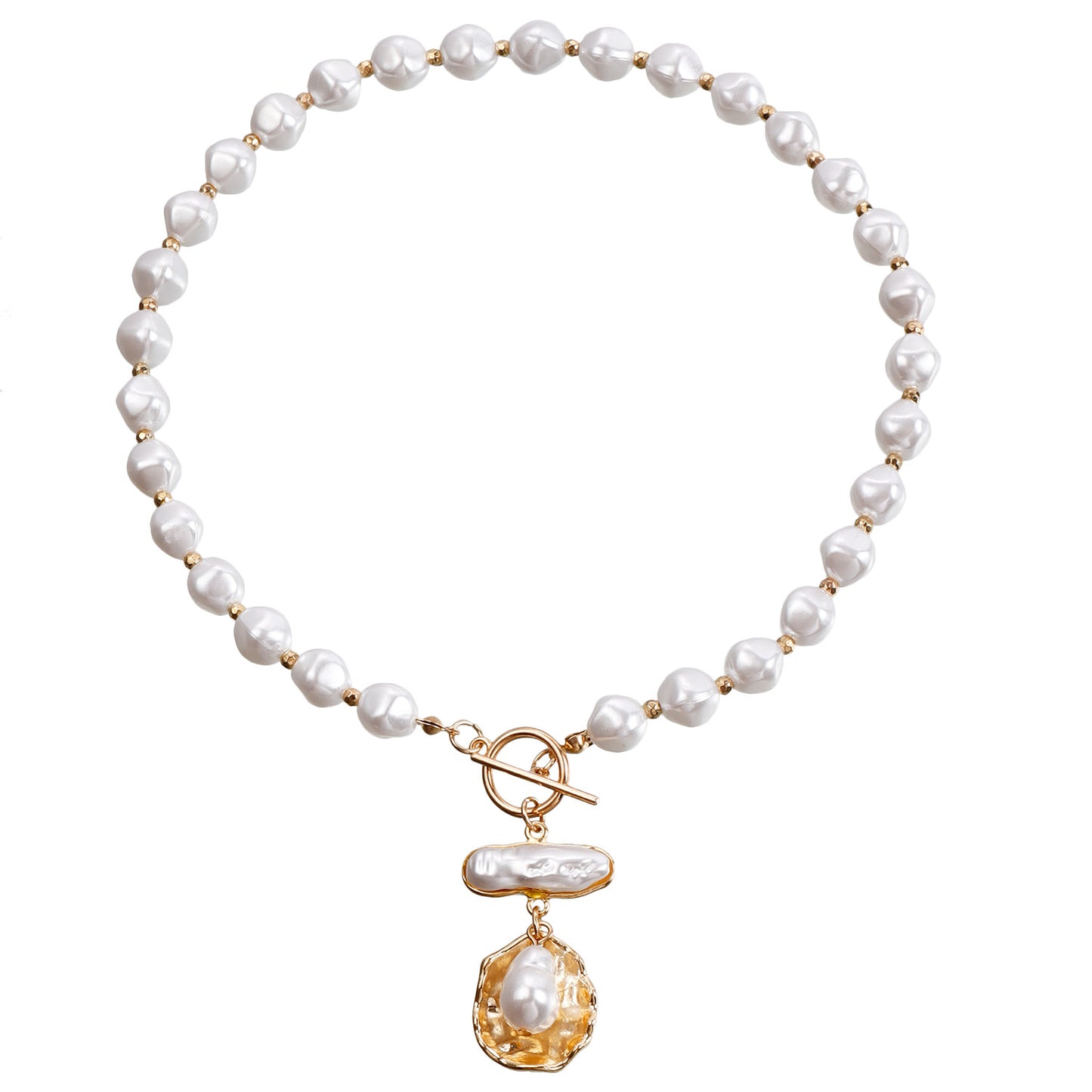 Geometric Rhinestone-Embellished Luxury Pendant Necklace for Women with Plated Metal Chain and Pearl-Like Beads