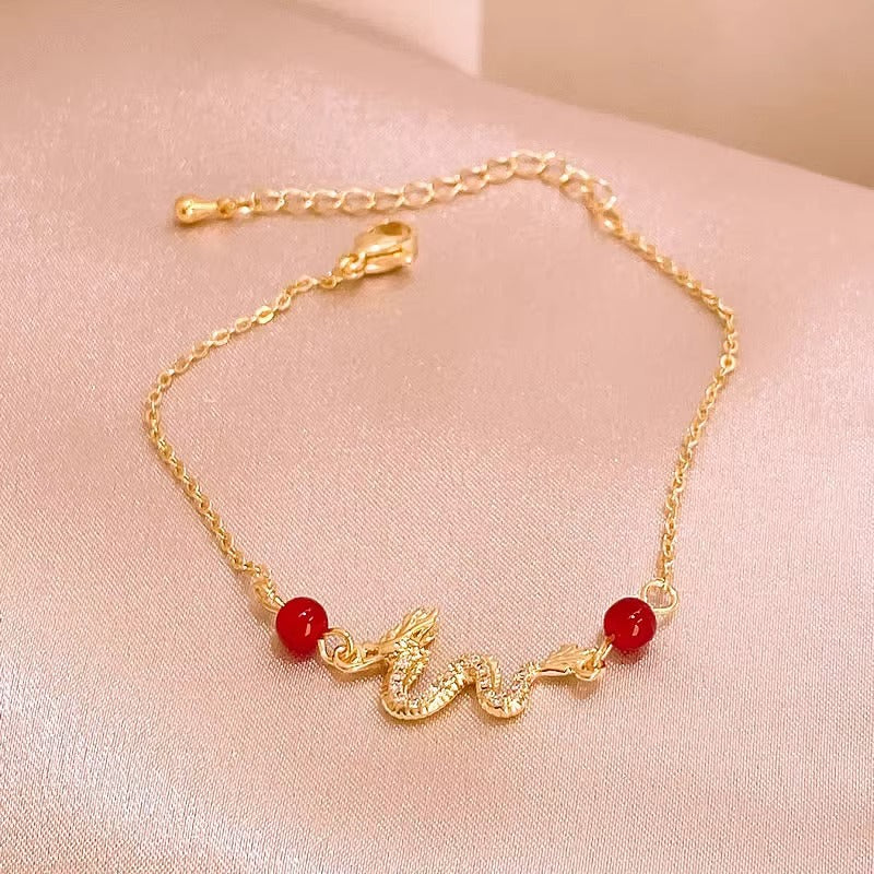 Original Design Leaf-Shaped Plated Brass Alloy Bracelet for Women and Men, Rhinestone-Embellished Zodiac Dragon Year 2024 Birthday Gift