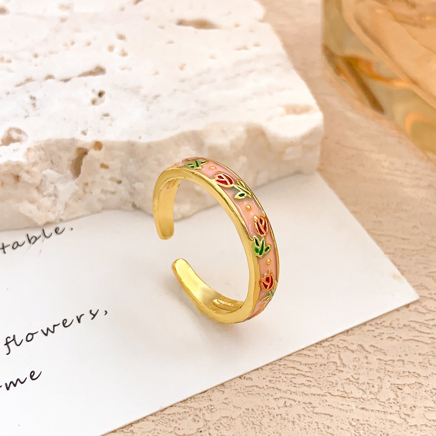 Minimalist Elegant Floral Enamel Plated Alloy Adjustable Ring for Women