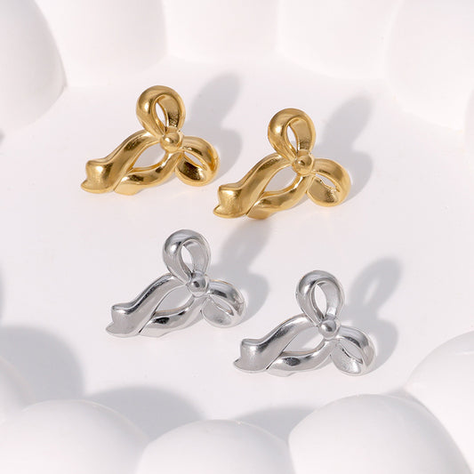 Minimalist Bow-Shaped Stainless Steel Earrings with 18K Gold Plating for Women