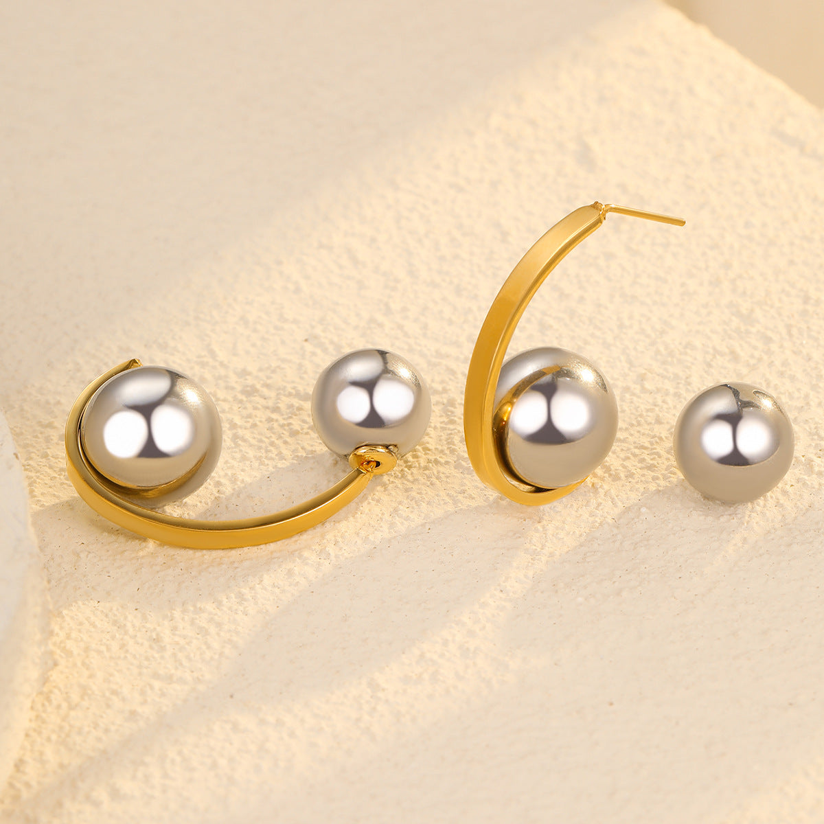 Retro Style Color-Block Hollow Spherical Stainless Steel Earrings for Women with Plated Finish