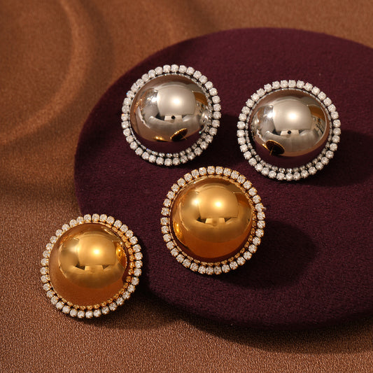 Fashionable Geometric Stainless Steel Stud Earrings for Women with Zircon Inlay and 18K Gold Plating