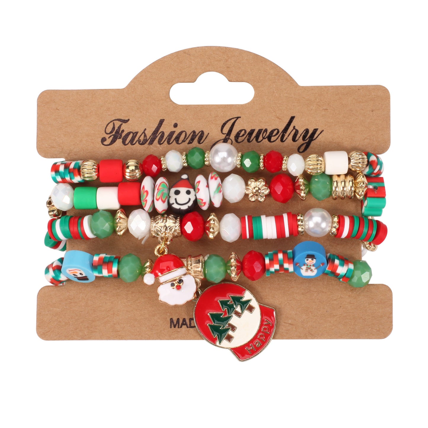 Unisex Natural Stone Beaded Bracelet with Snowman Christmas Tree Santa Reindeer Charms Floral Pattern Holiday Gift