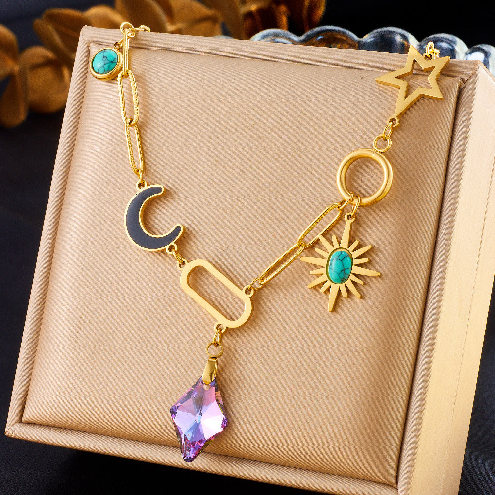 Elegant Purple Diamond-Cut Eight-Pointed Star and Moon Teardrop Pendant Plated Stainless Steel Necklace for Women