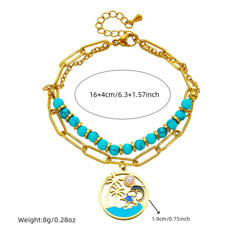 Fashion Elegant Stainless Steel Plated Ocean Animal Pendant Double Layer Beaded Necklace and Bracelet Set for Women