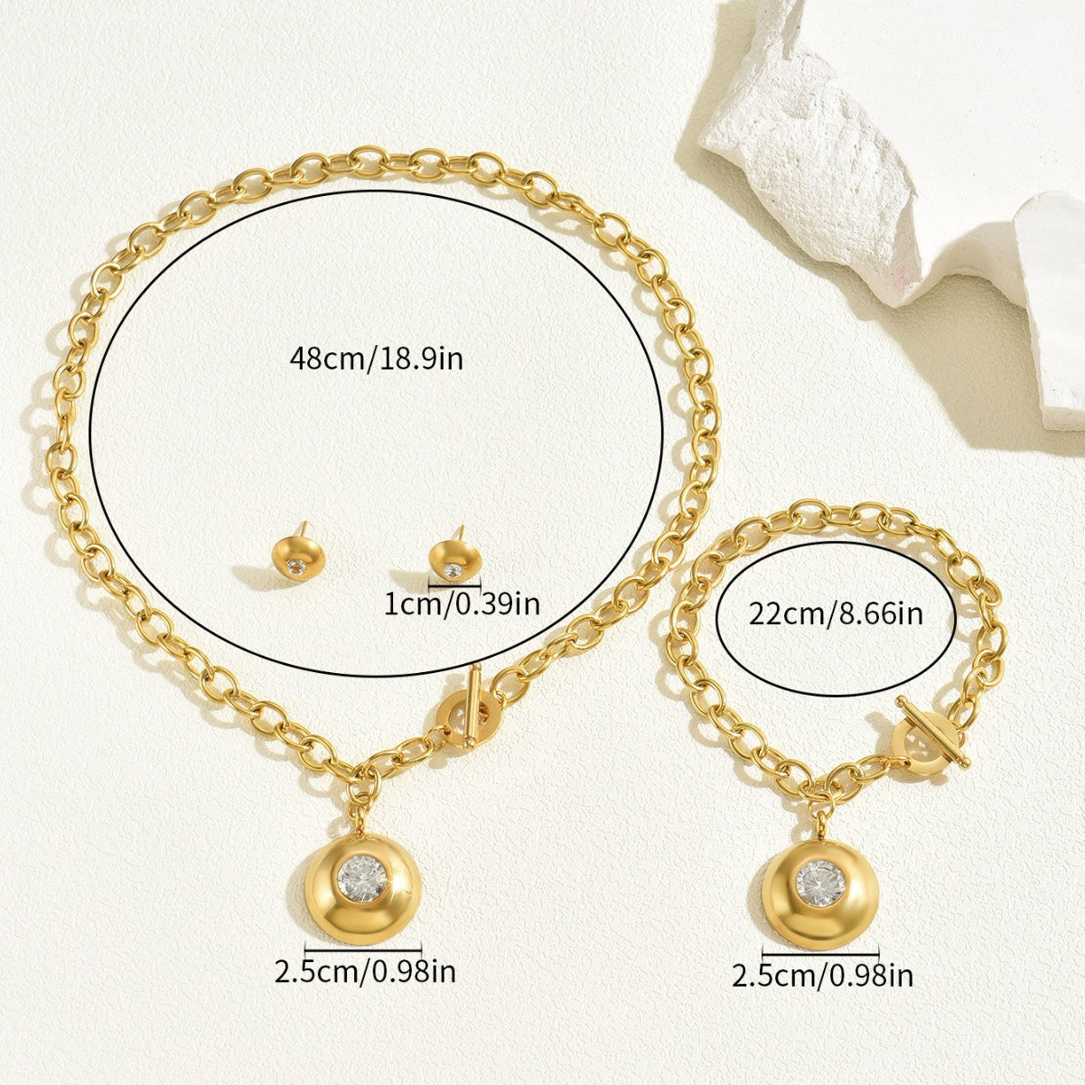 Conjunto de collar y pulsera redondos geométricos con incrustaciones de circonita para mujer con cadena de cobre
